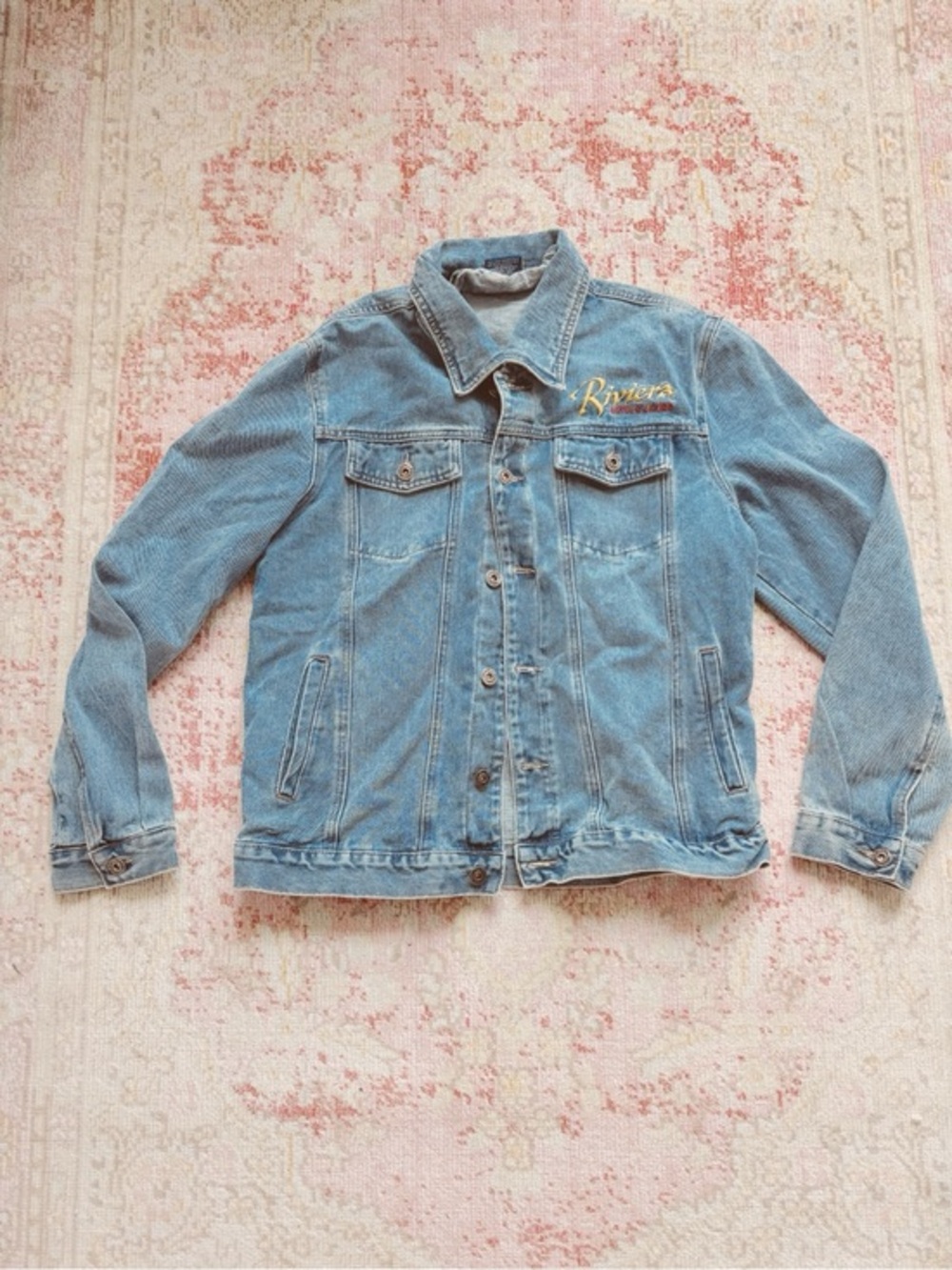 Vintage Men’s Riviera Blue Denim Jacket with Yellow Logo Tag